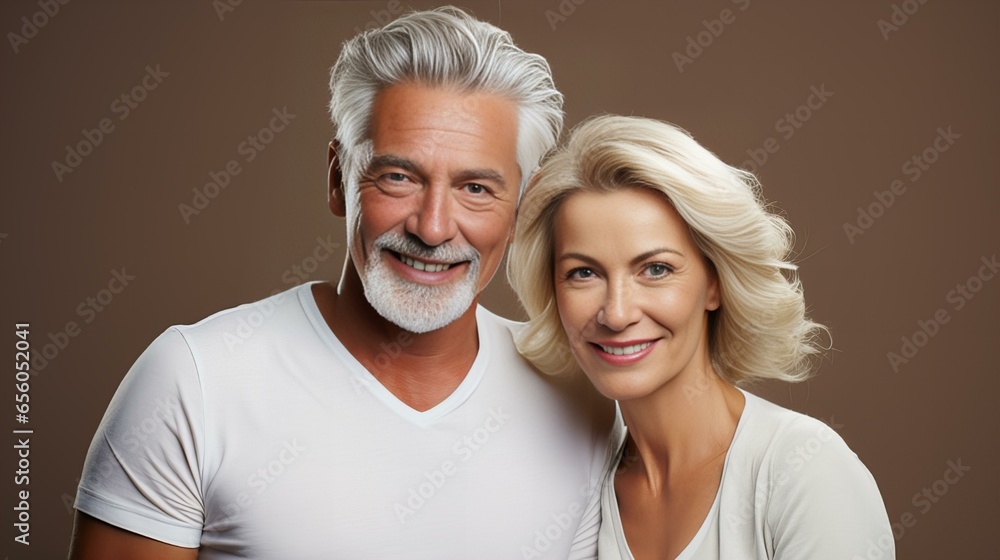 Happy Mature Couple Enjoying, cheerful mature couple in their 50s or 60s standing, wearing white t-shirts, togetherness and happiness. the joys of retirement, health of a long-lasting marriage. Happy Mature Couple Enjoying, cheerful mature couple in their 50s or 60s standing, wearing white t-shirts, togetherness and happiness. the joys of retirement, health of a long-lasting marriage.