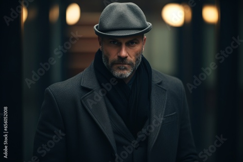 Portrait of a handsome mature man wearing a hat and coat.