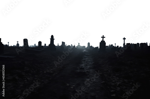 silhouette of a dark vast cemetery graveyard at night. transparent background PNG. Tombstones distributed throughout the vast landscape. 