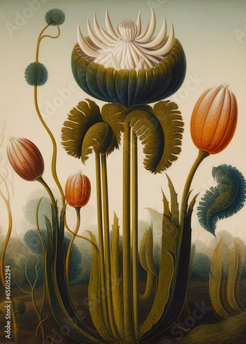 18th century vintage botanical illustration of surreal flowers and plants