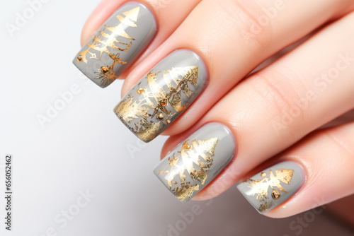 Christmas luxury beautiful woman creative nail art close up, golden Christmas tree decorated with shiny gold glitter design for celebrated in holiday.