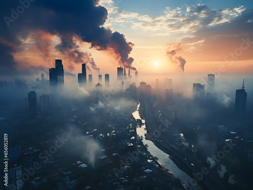  Polluted city, contours of the skyscrapers emerge from the smoke at sunset, blue toned, aerial view.