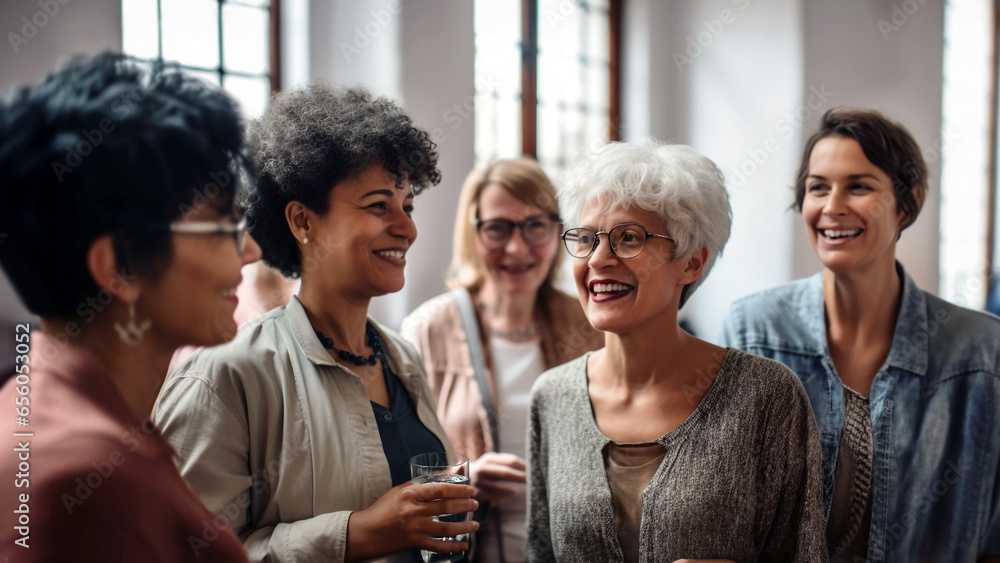 Cheerful diverse group of confident, ambitious middle-aged mature women socializing happily. Concept of diversity, friendship, bonding, quality time, relaxation, team collaboration and empowerment Cheerful diverse group of confident, ambitious middle-aged mature women socializing happily. Concept of diversity, friendship, bonding, quality time, relaxation, team collaboration and empowerment