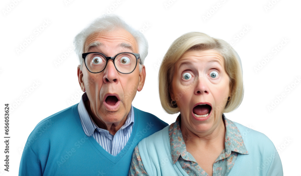 couple of scared surprised old people, png file of isolated cutout object on transparent background. couple of scared surprised old people, png file of isolated cutout object on transparent background.
