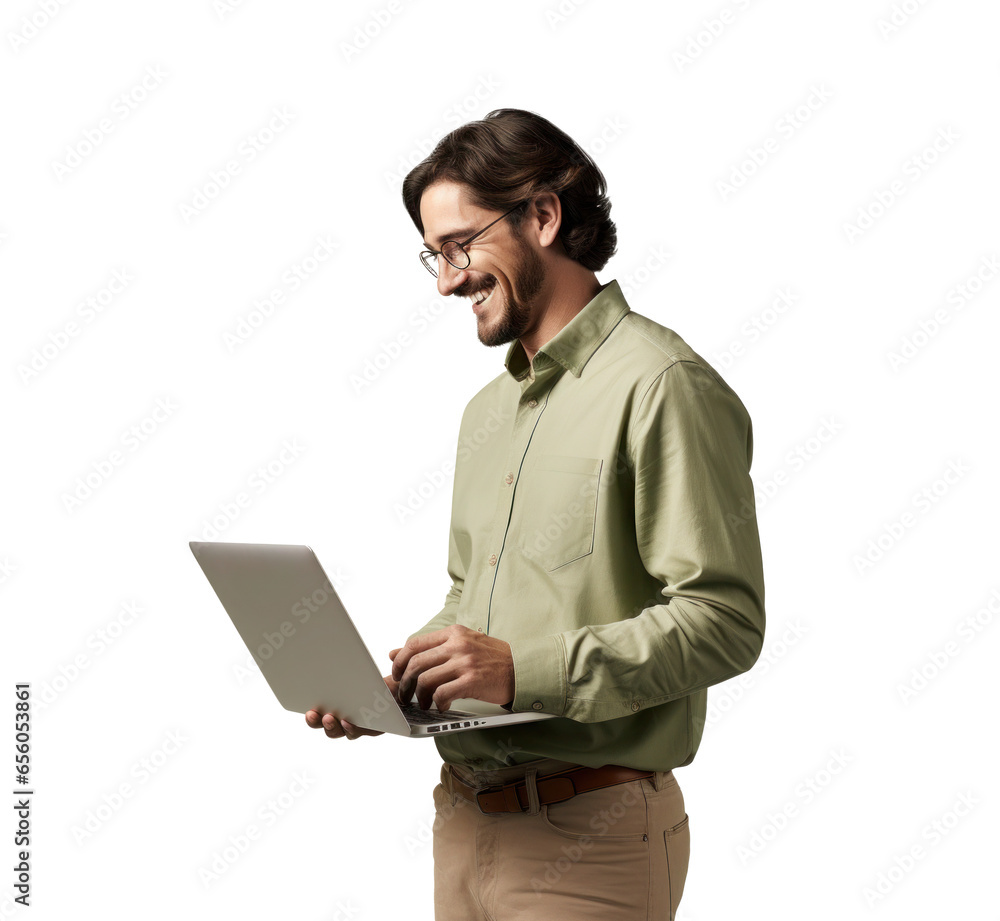 a man teacher standing up while holding up a laptop, png file of isolated cutout object on transparent background. a man teacher standing up while holding up a laptop, png file of isolated cutout object on transparent background.