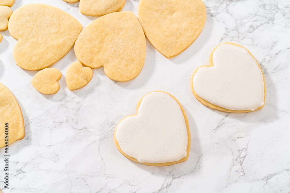 Heart-shaped sugar cookies with royal icing
