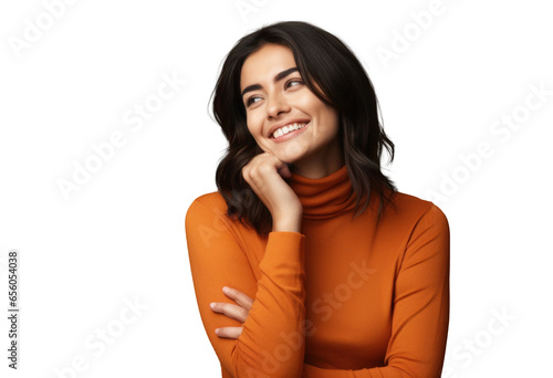 pensive cheerful young beautiful woman in a orange turtleneck looks to the side, png file of isolated cutout object on transparent background.