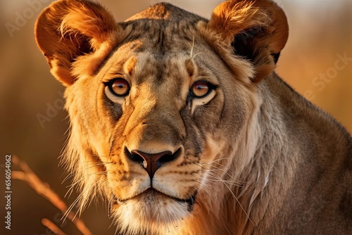 African Savanna Majesty  Captivating Lioness Portrait with Fierce Gaze and Flowing Mane  generative AI