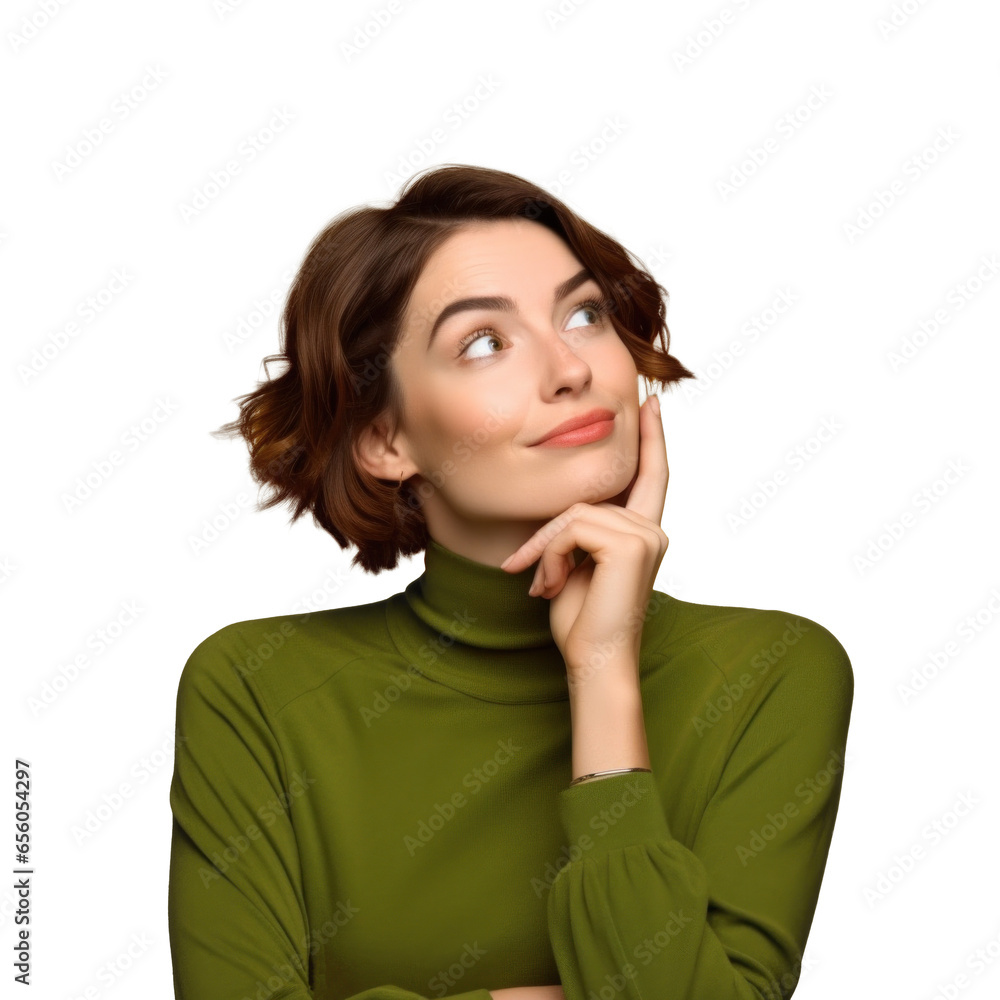 pensive cheerful young beautiful woman in a green turtleneck looks to the side, png file of isolated cutout object on transparent background. pensive cheerful young beautiful woman in a green turtleneck looks to the side, png file of isolated cutout object on transparent background.