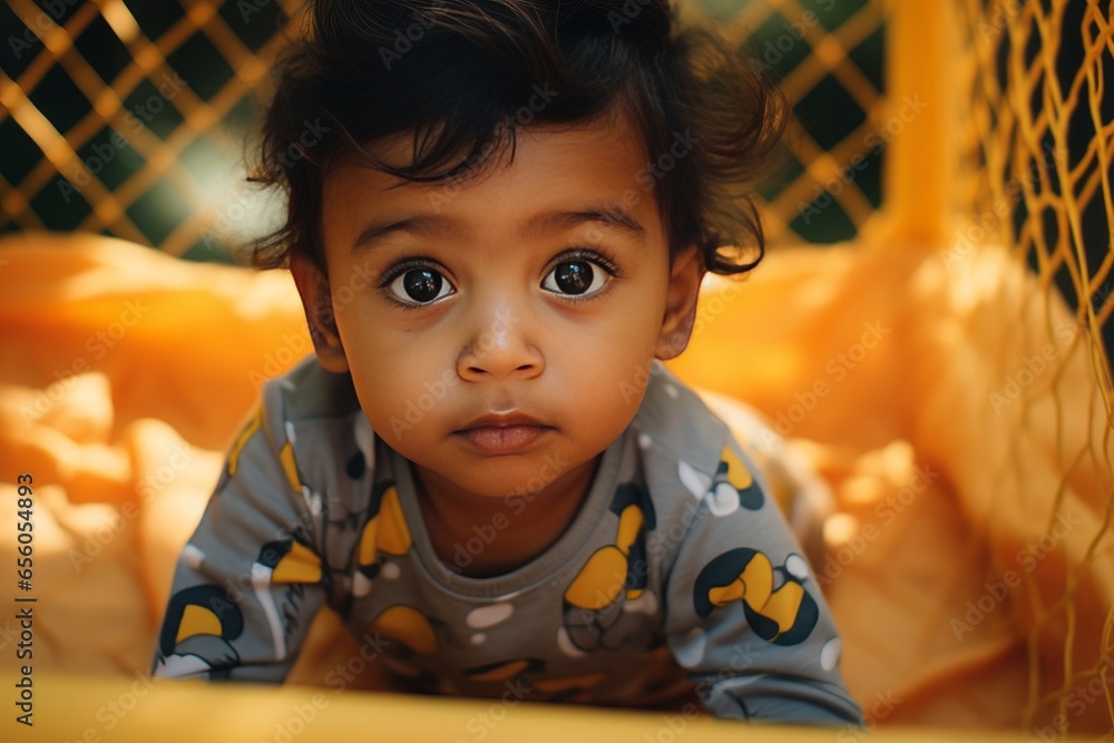 Indian baby in romper in a playpen Generative Ai Stock Illustration ...