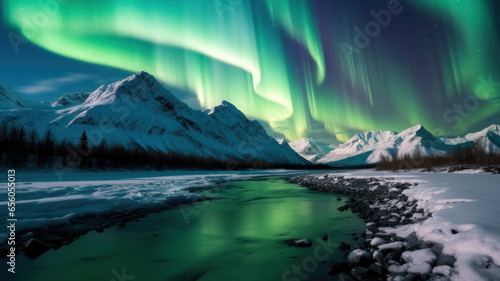 Northern lights and snow covered mountains. River flowing through arctic landscape. Starry sky with polar lights reflected in water. Night winter landscape with stars and aurora.