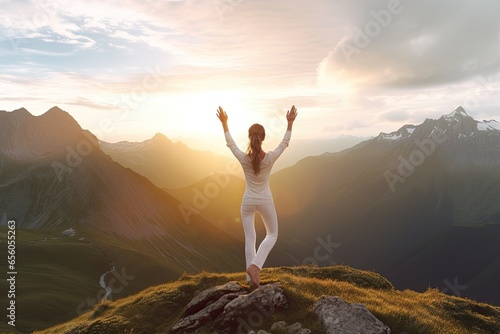Golden Glow Yoga: Finding Inner Peace and Mindfulness on a Serene Mountaintop, generative AI