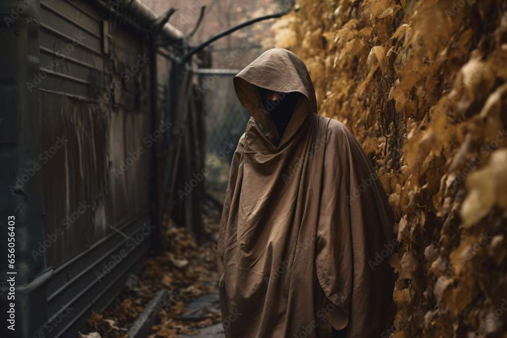 A person in a hooded cloak walking down a street A person in a hooded cloak walking down a street