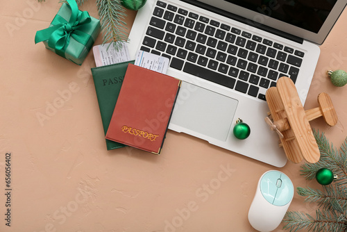 Laptop with passports, wood...