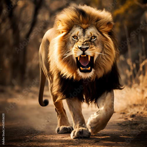 Photo Close up Lion roaring. An African lion Generative ai