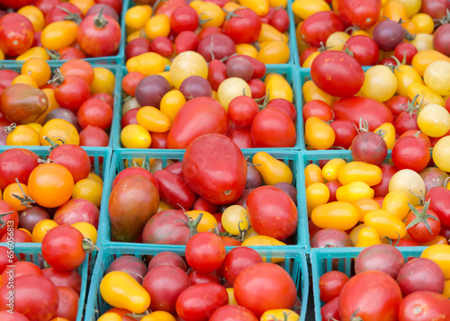 Close up on baskets of red and yellow cherry tomatoes lined up for sale at a farmers market