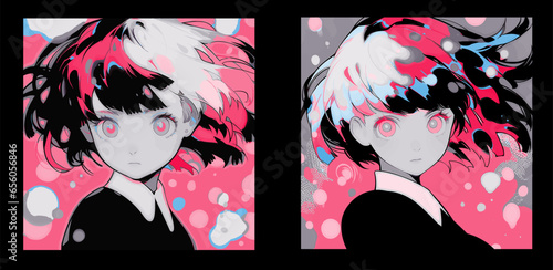 Anime girl personage with dark hair. Vector illustration for t-shirt, poster or cover design.