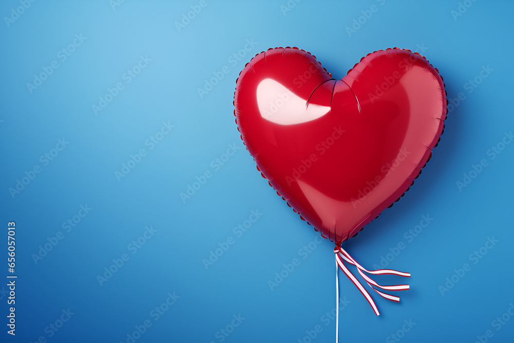 red inflatable balloon in the shape of a heart on a blue background.