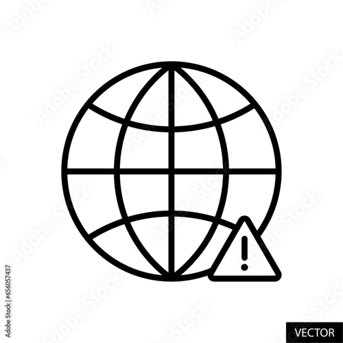 Globe with exclamation mark, website error, network warning sign vector icon in line style design for website, app, UI, isolated on white background. Editable stroke. Vector illustration.