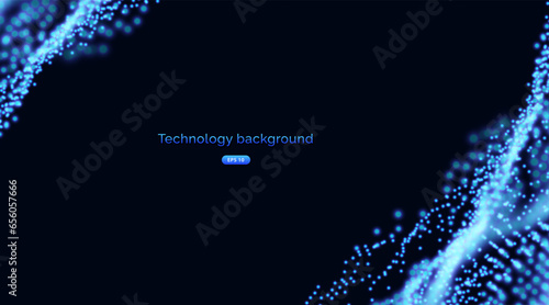 Dark blue futuristic dynamic background with swirling digital wave particles. Abstract nanotechnology flow science background concept.