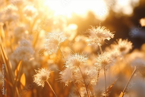 Sunset in a field with wild plants. Bright sun rays of sunset