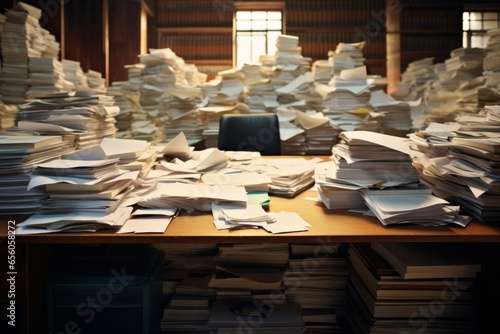 Office desk full of stacks of papers Generative Ai