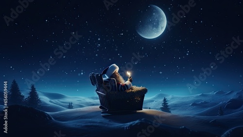 Cute little child girl with a Christmas gift. Santa Claus flies in a sleigh against the moonlit sky. The kid enjoys the holiday