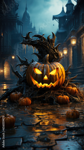 Halloween Pumpkin Lantern: Jack-O-Lantern behind the spooky Castle, AI Generated, 8K Walpaper.