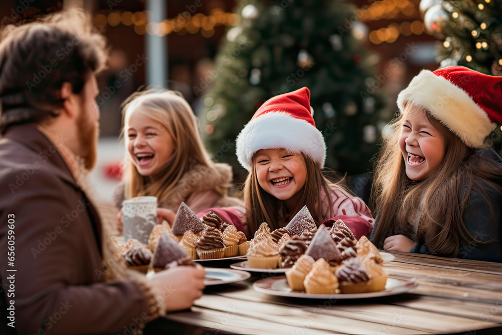 Three girls and their father sitting at a wooden table, enjoying Christmas cupcakes outdoors in winter, wearing Christmas hats. Three girls and their father sitting at a wooden table, enjoying Christmas cupcakes outdoors in winter, wearing Christmas hats.