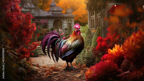 Autumn Rooster Majesty: capturing the regal beauty of roosters strutting amidst the vibrant autumn foliage of a castle garden photo