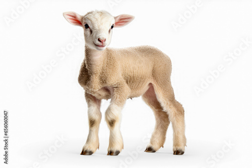 Cute lamb standing on white background.