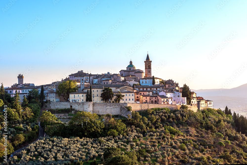 summer sunset view of the ancient village of Trevi in Umbria, Italy 
