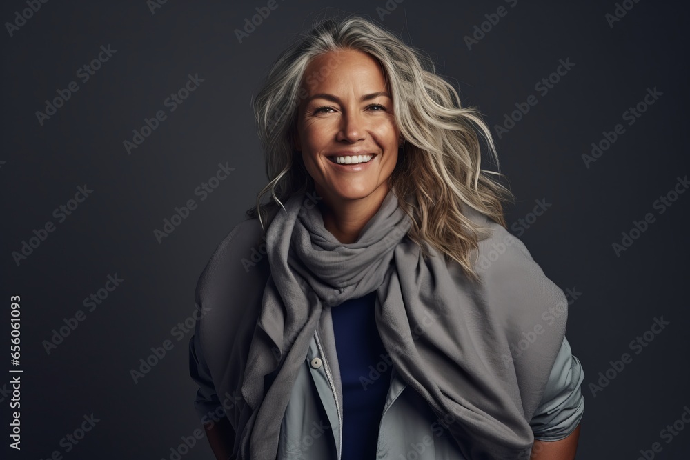 Portrait of a smiling mature woman with grey scarf over grey background. Portrait of a smiling mature woman with grey scarf over grey background.