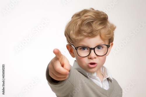 little boy wearing business suit pointing something