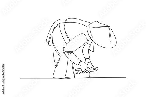 Farmer grow rice. Farmer activity minimalist concept. black and white design by vector illustrator. Simple line. Flat cartoon vector illustration.