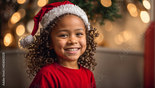 Portrait of a little African American girl wearing a Santa hat