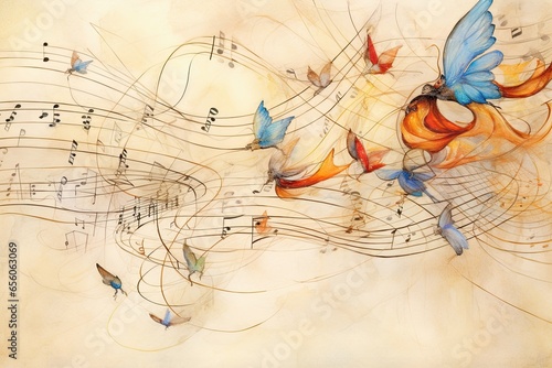 Floating Harmony: A Whimsical Artwork Featuring Dancing and Intertwining Music Notes in Flight, generative AI