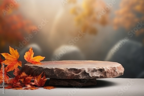 Brown stone podium platform showcase stand for cosmetic, beauty product presentation. Autumn colorful fall leaves in background. Front view