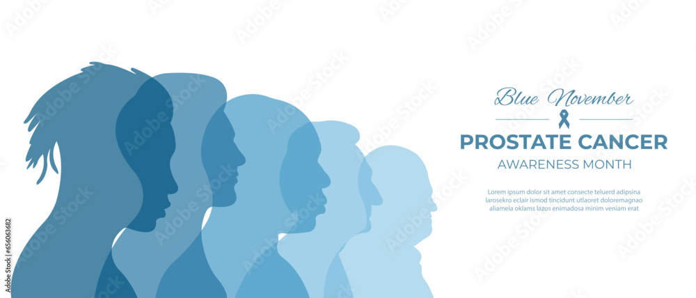  Prostate cancer awareness month.Blue November.Vector illustration with silhouettes of men and space for text. - obrazy, fototapety, plakaty 