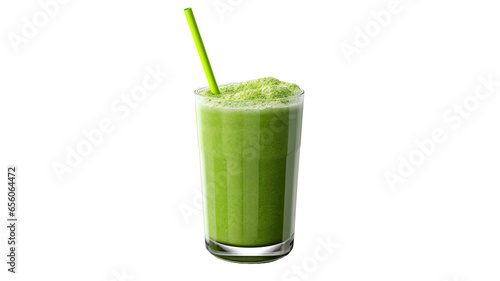 Glass of green smoothie with straws isolated on a white background