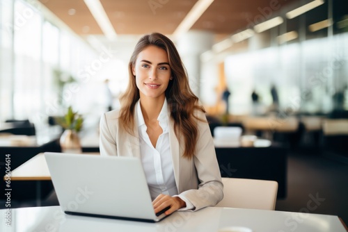 portrait of a beautiful confident businesswoman using a laptop computer sitting in a modern office
