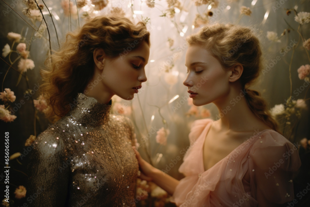 two women sapphic female wlw couple in sensual embrace in magical glowing fairy light setting ethereal surreal for magic/witchy equality/diversity lgbt in magazine cover editorial textured look two women sapphic female wlw couple in sensual embrace in magical glowing fairy light setting ethereal surreal for magic/witchy equality/diversity lgbt in magazine cover editorial textured look