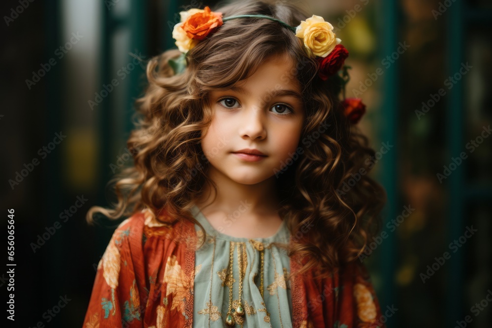 Portrait of a beautiful little girl with curly hair in a colorful dress. Portrait of a beautiful little girl with curly hair in a colorful dress.