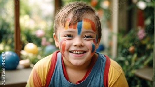 little boy smiling with his face painted, playing in the yard of his house, happy childhood