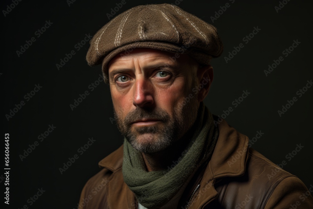 Portrait of an old man with a beard in a brown jacket and a cap on a dark background Portrait of an old man with a beard in a brown jacket and a cap on a dark background