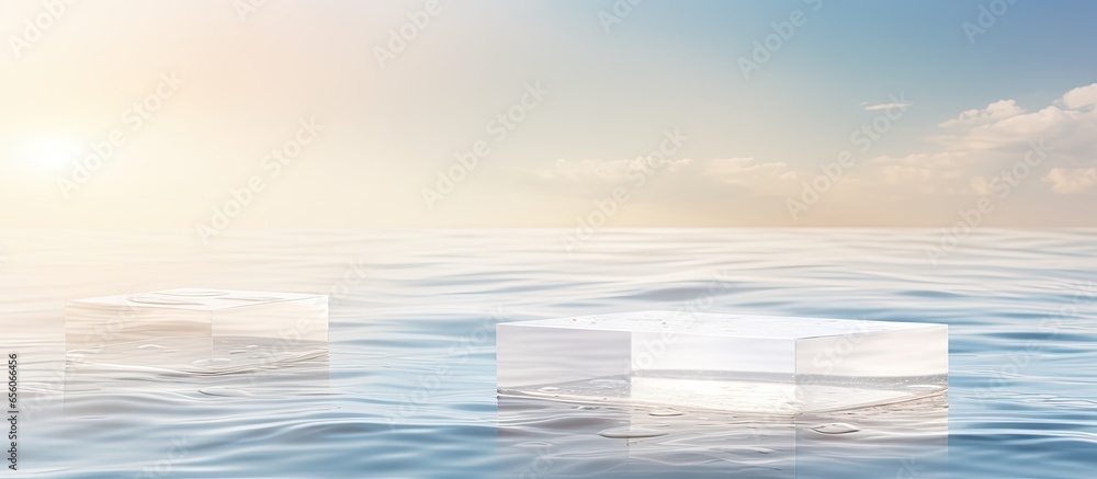 Empty clear square podiums on calm water with splashes and waves in sunlight Background for product presentation Flat lay cosmetic mockup - obrazy, fototapety, plakaty 