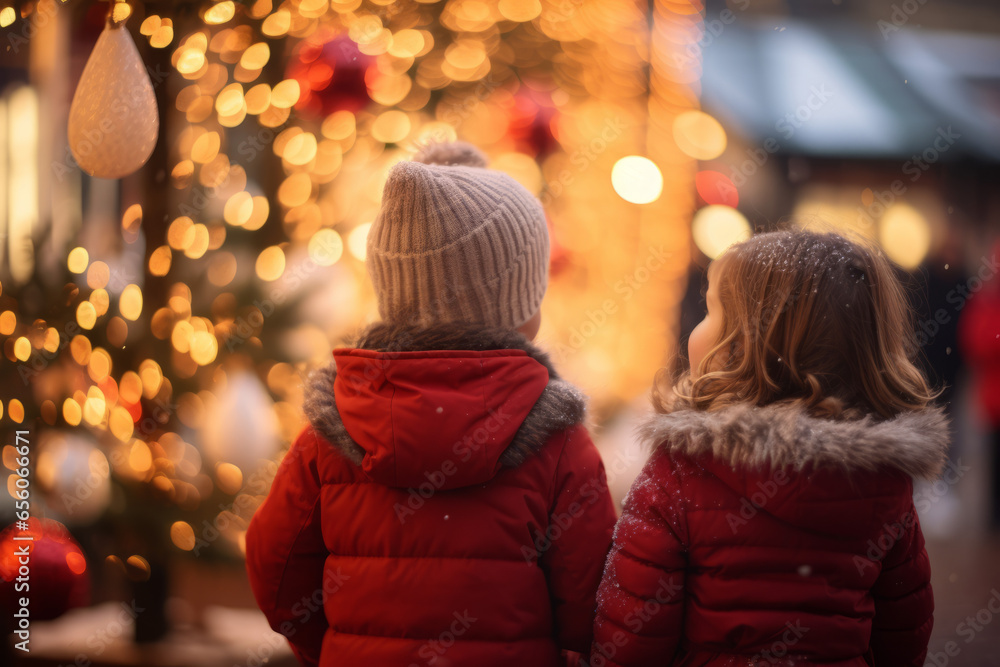 Two girl's joyful winter evening at a traditional Christmas market, as two children are entranced by the festive scene. Delightful memories.