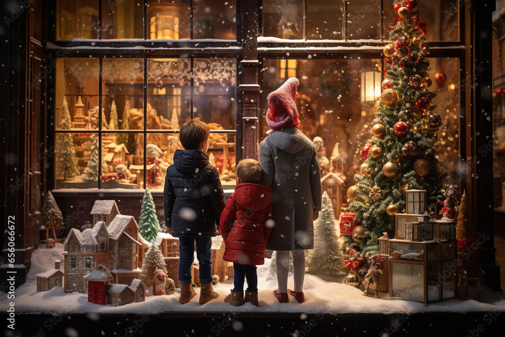 Amidst a festive Christmas scene, three children admire a beautiful and wonderful time at a traditional market, all lit up on a winter night.