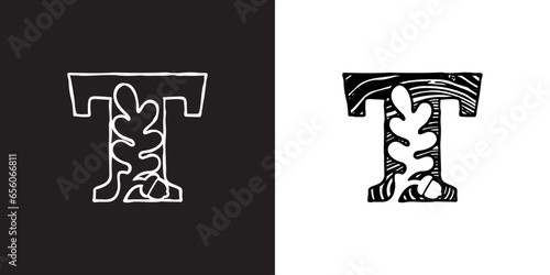 T letter logo with oak leaf and acorn. Tree cross-section. Natural wood texture, ring pattern. Trunk saw cut. Negative space emblem. Vector icon for eco identity, university coat of arms, vintage adv.