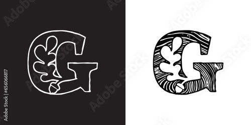 G letter logo with oak leaf and acorn. Tree cross-section. Natural wood texture, ring pattern. Trunk saw cut. Negative space emblem. Vector icon for eco identity, university coat of arms, vintage adv.